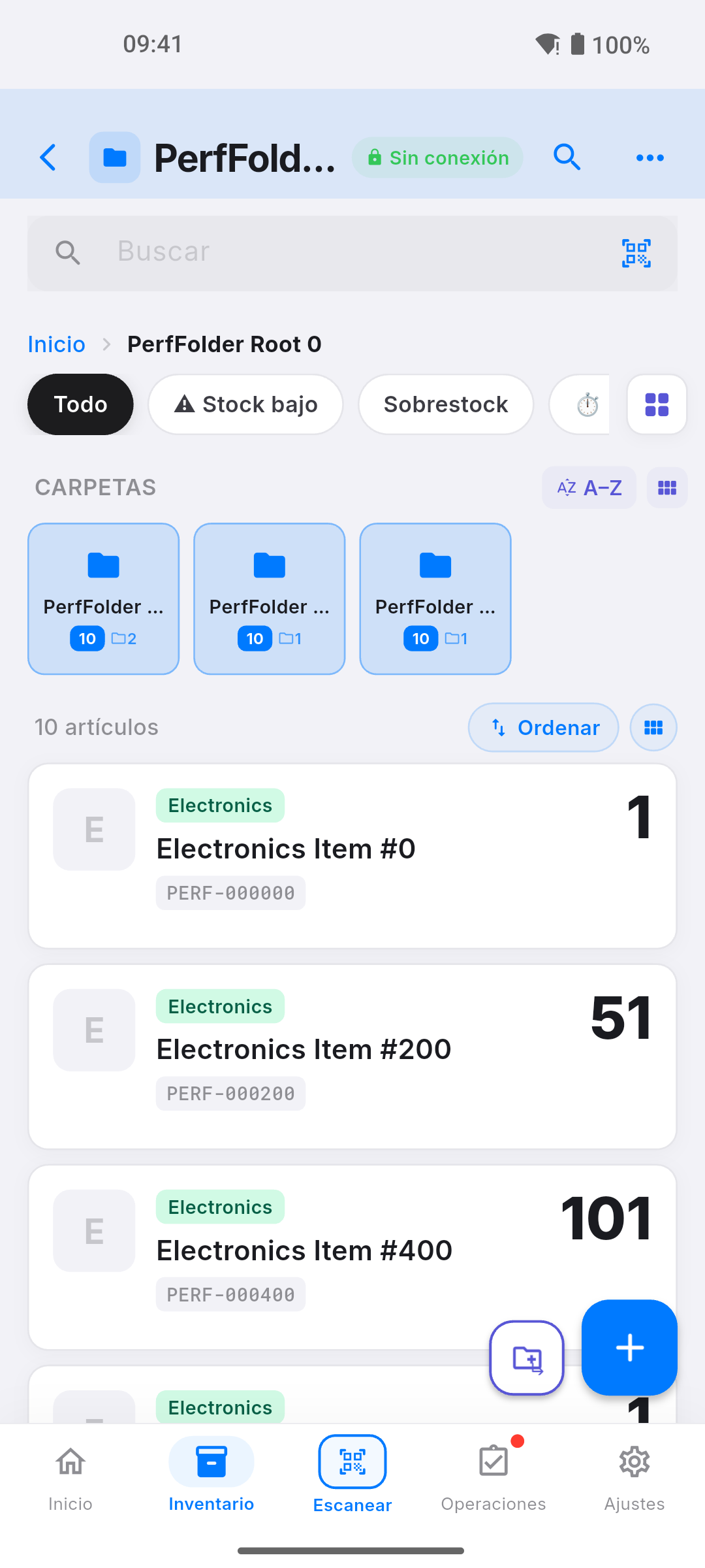 Pantalla de inventario sin conexión Pikly